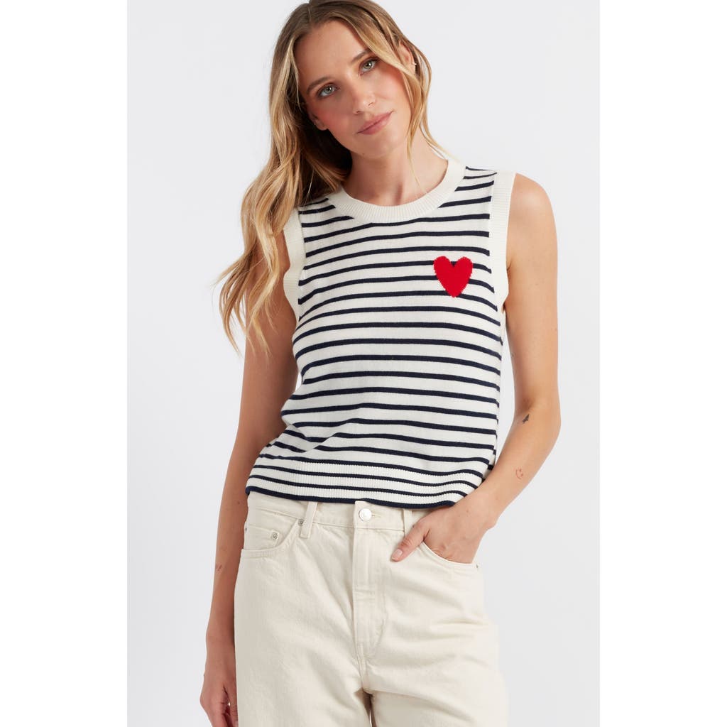 Chinti & Parker Pure Merino Heart Breton Tank In Cream/navy/true Red