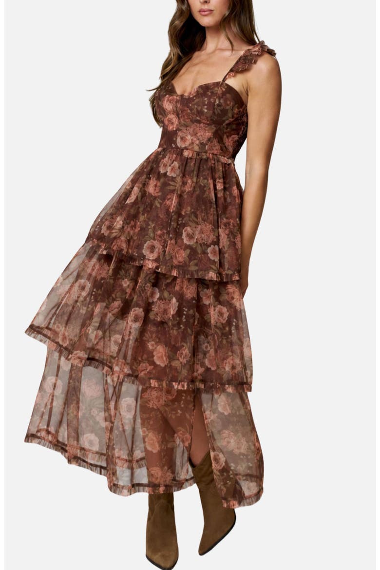 Floral Print Ruffle Strap Tiered Maxi Dress, Alternate, color, BROWN MULTI