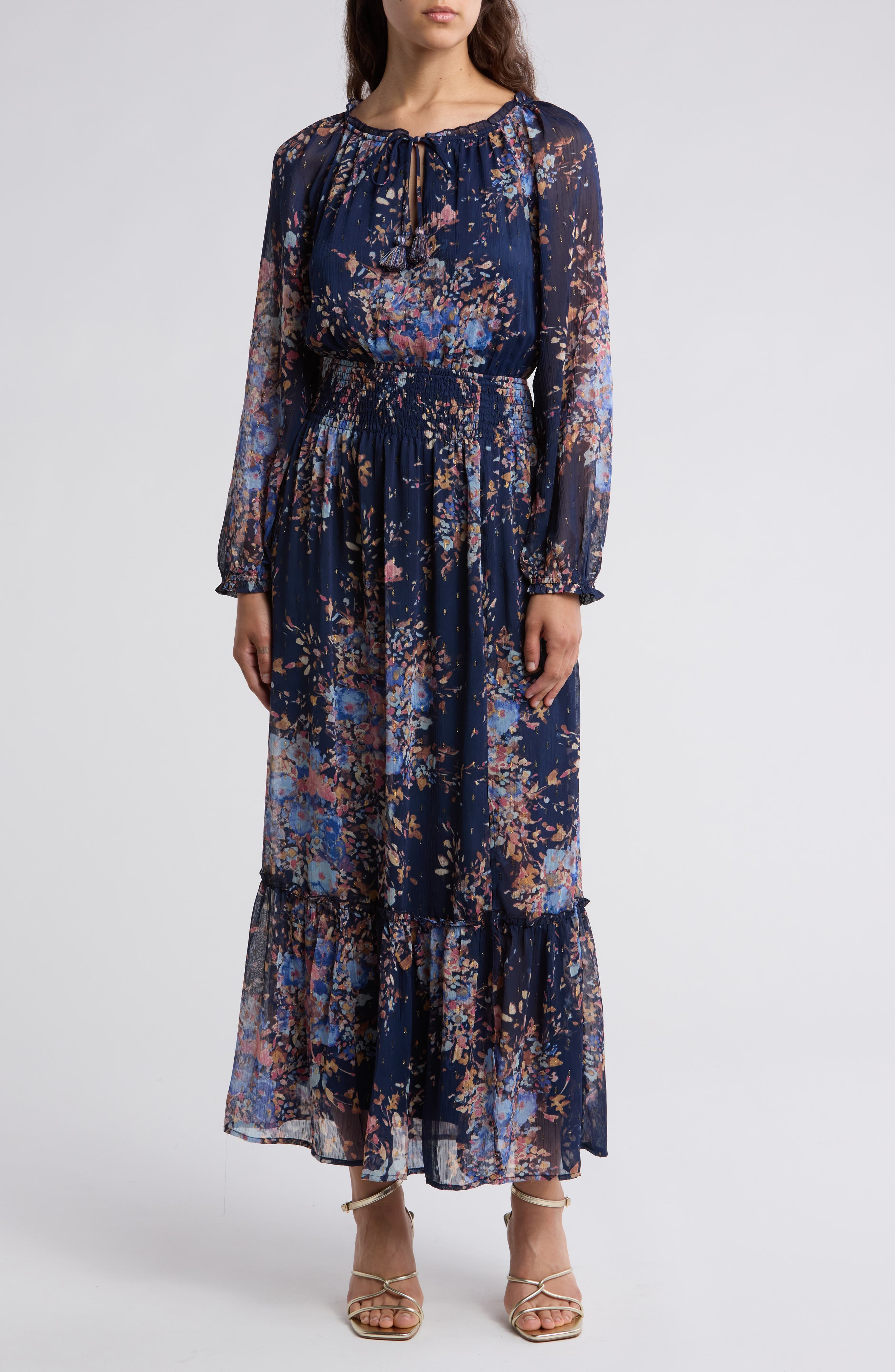 Lovestitch Metallic Long Sleeve Chiffon Maxi Dress