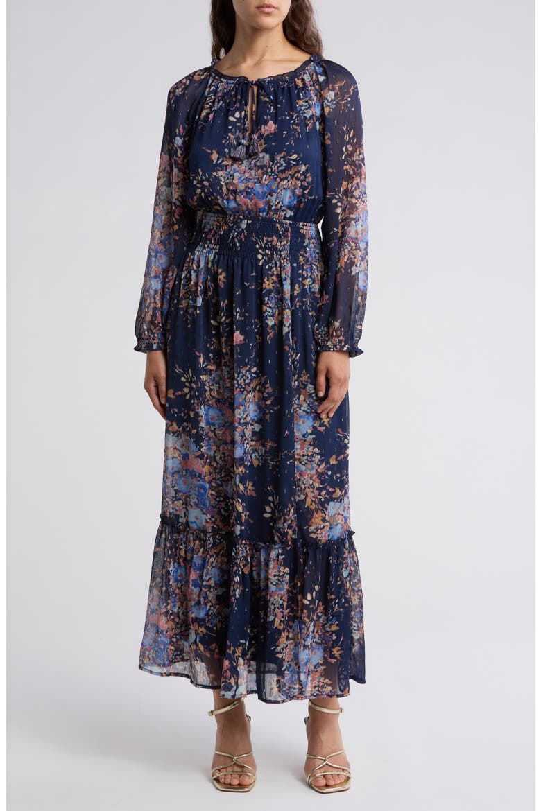 Metallic Long Sleeve Chiffon Maxi Dress, Main, color, NAVY/DUSTY BLUE