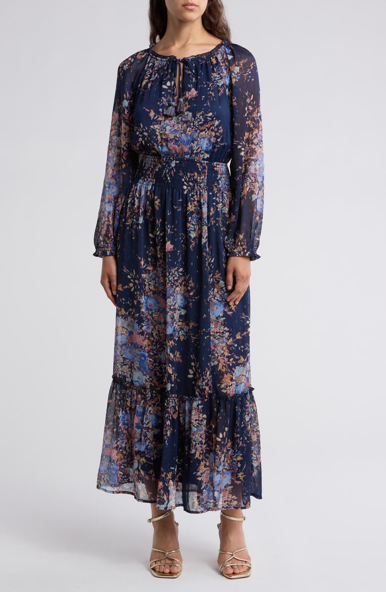 Lovestitch Metallic Long Sleeve Chiffon Maxi Dress, Main, color, Navy/Dusty Blue