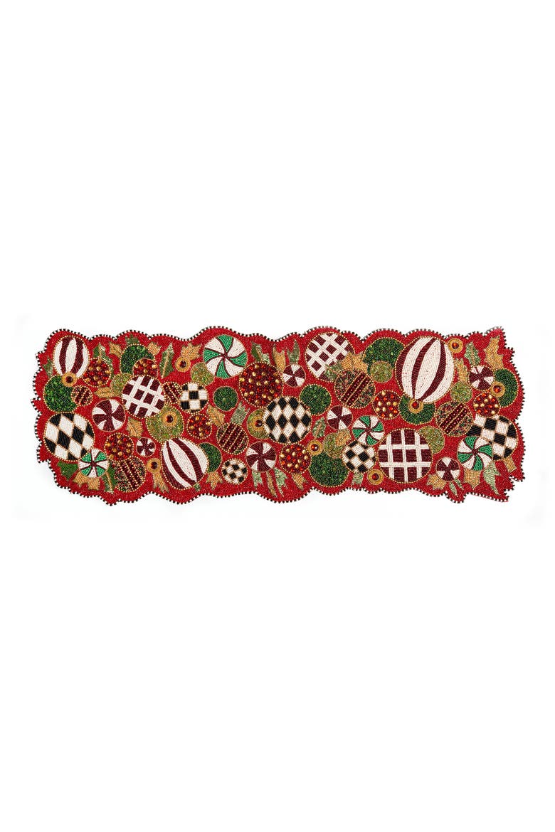 Jolly Ornaments Beaded Table Runner, Main, color, RED