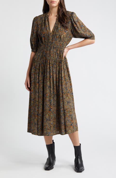 Puff Sleeve Drop Waist Midi Dress