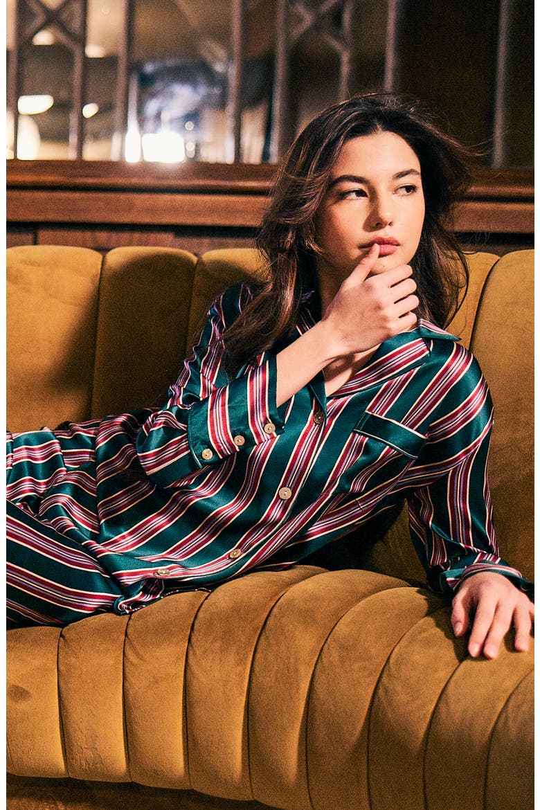 Lancaster Stripe Mulberry Silk Pajamas, Alternate, color, GREEN