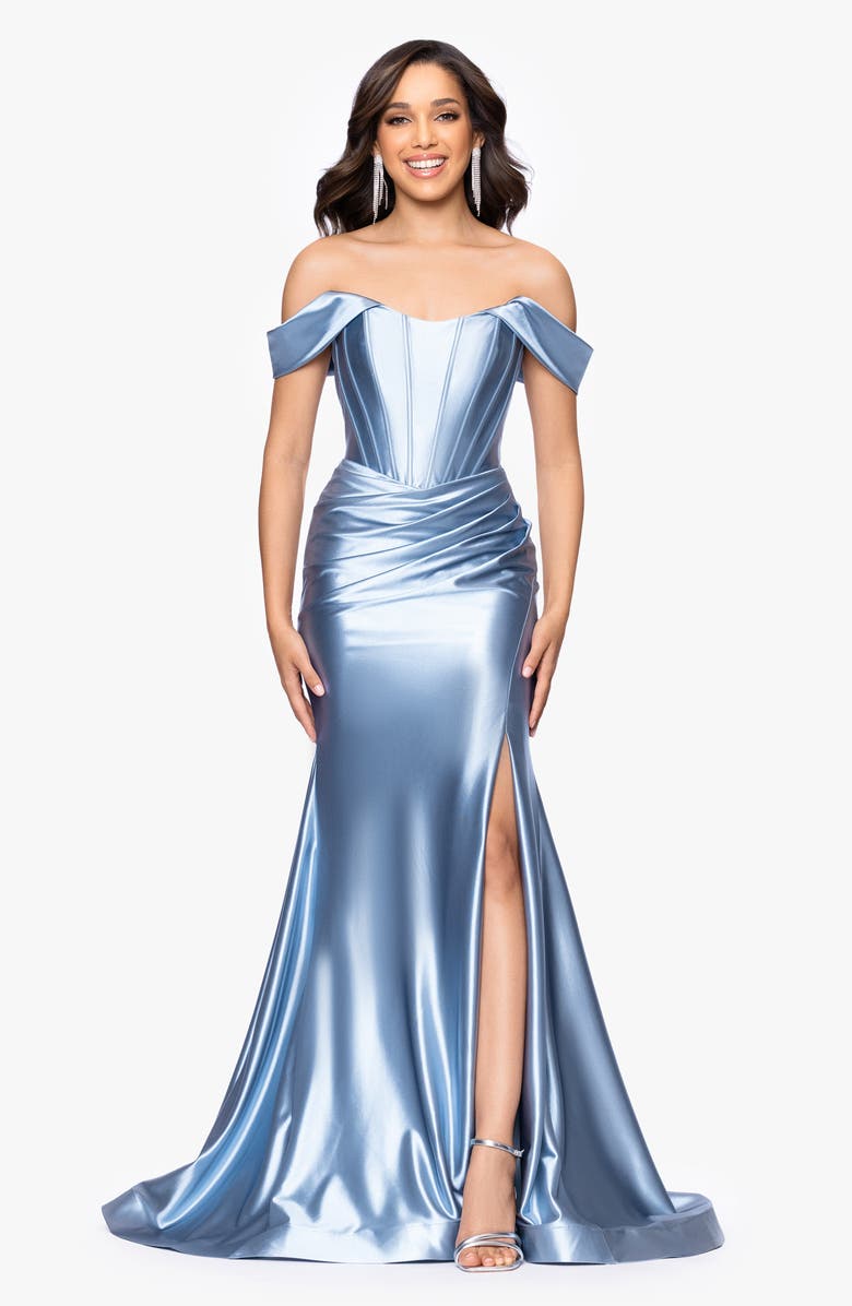 Betsy & Adam Luanna Satin Off the Shoulder Corset Gown, Alternate, color, Slate