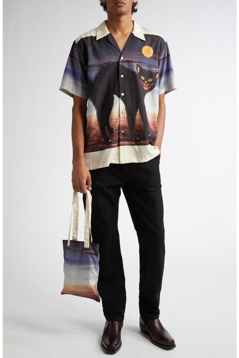 Cat Border Silk Crepe Button-Up Shirt, Alternate, color, IVORY MULTI