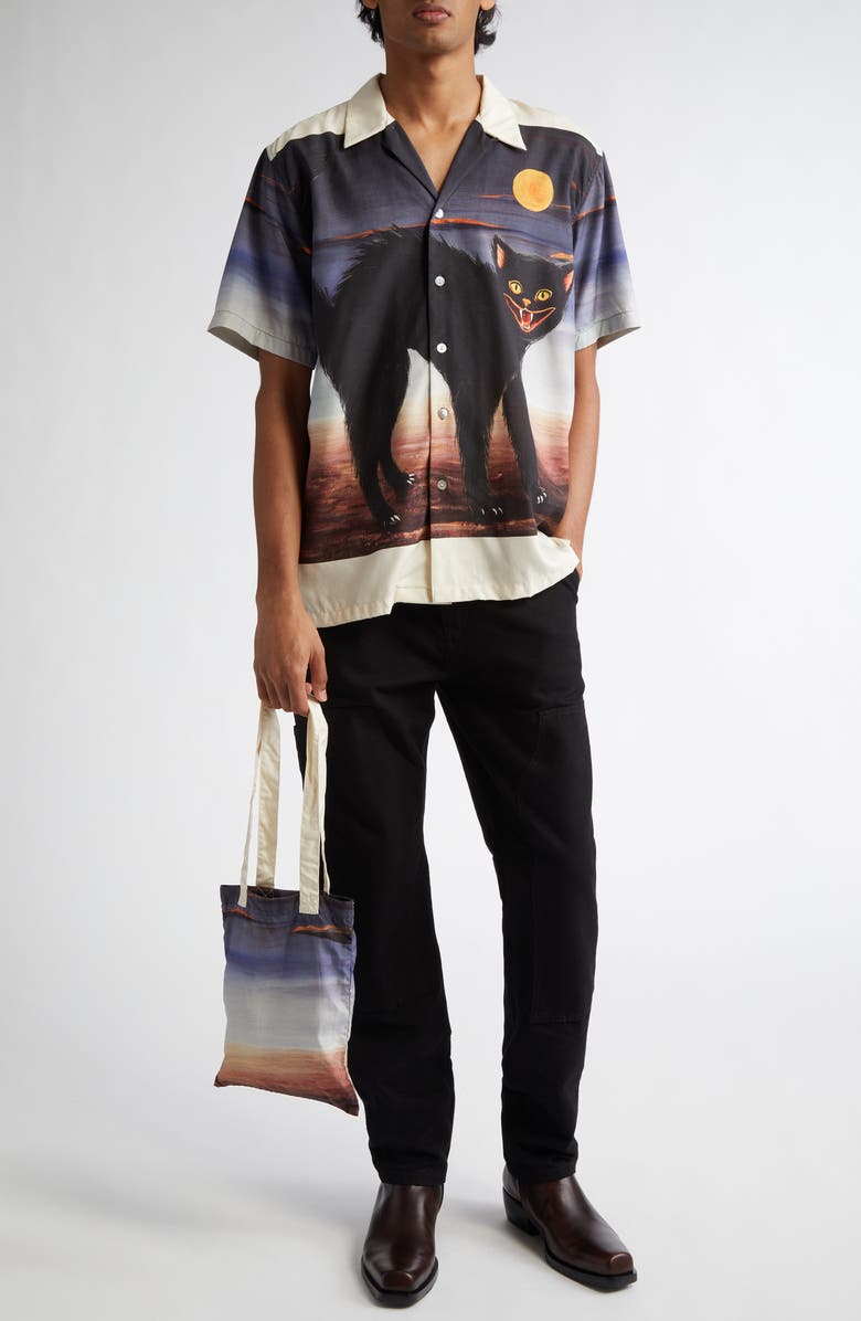 ENDLESS JOY Cat Border Silk Crepe Button-Up Shirt, Alternate, color, 