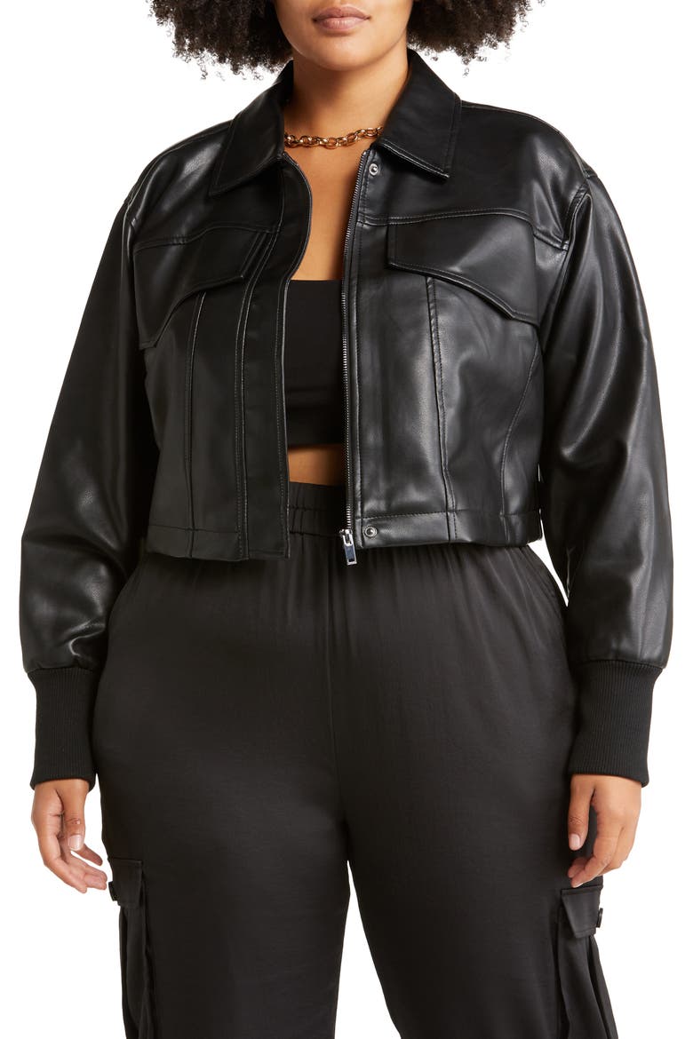 Crop Faux Leather Jacket, Main, color, BLACK