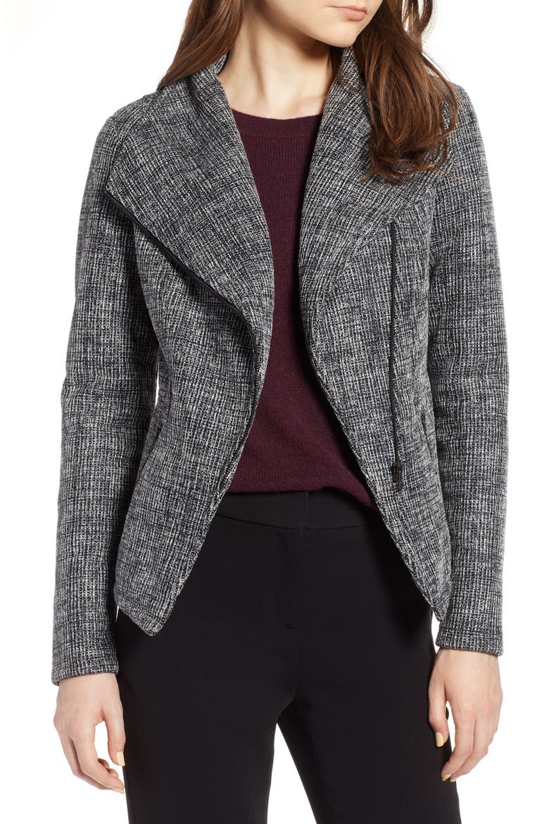 Bonded Tweed Asymmetrical Zip Jacket, Main, color, BLACK- IVORY TWEED