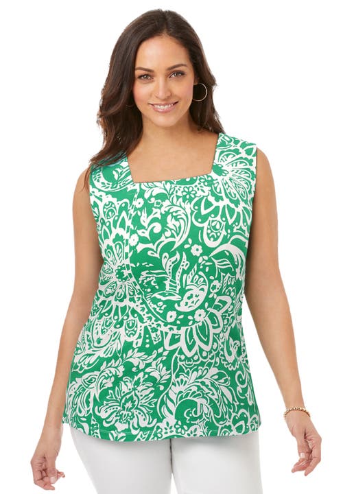 Jessica London Stretch Cotton Square Neck Tank In Multi