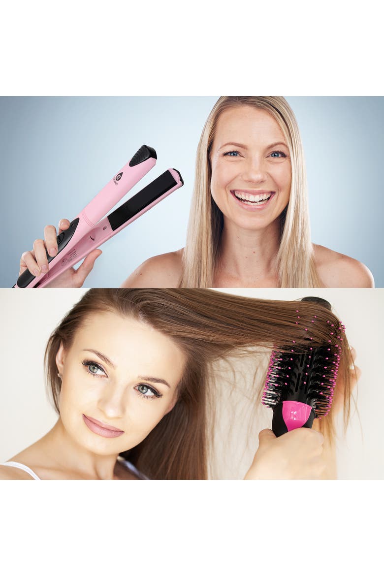 Hair Styling Power Bundle Hair Dryer & Volumizer Brush + Flat Iron Hair Straightener With Free Travel Straightener, Alternate, color, Pink