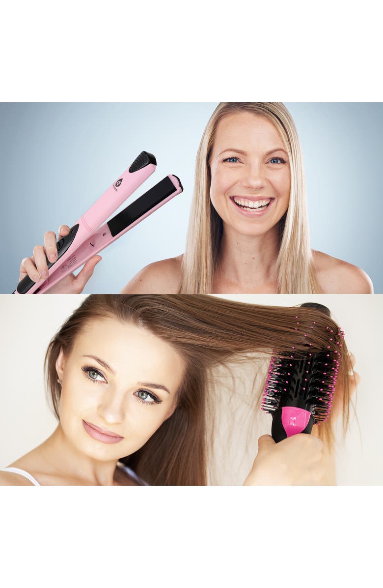 PURSONIC Hair Styling Power Bundle Hair Dryer & Volumizer Brush + Flat Iron Hair Straightener With Free Travel Straightener, Alternate, color, Pink