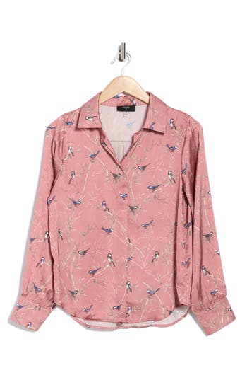 T Tahari Bird Print Long Sleeve Button-up Shirt