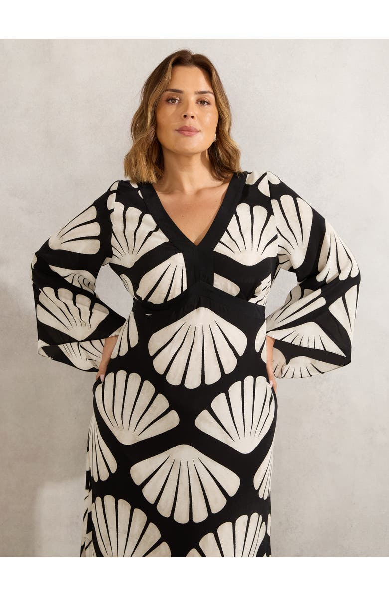 Live Unlimited Shell Print Flared Sleeve V-Neck Dress, Alternate, color, Black