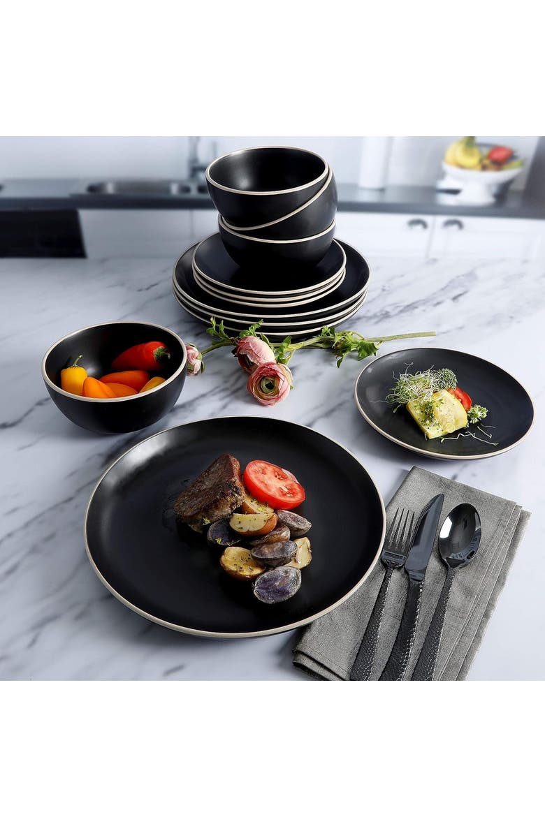 Rockaway 12 Piece Stoneware Dinnerware Set, Alternate, color, Black
