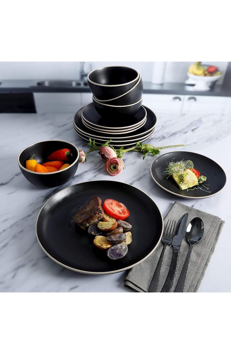 Gibson Home Rockaway 12 Piece Stoneware Dinnerware Set, Alternate, color, Black
