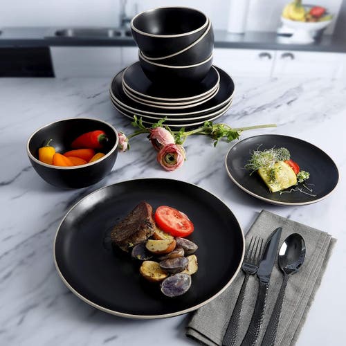 Gibson Home Rockaway 12 Piece Stoneware Dinnerware Set In Black