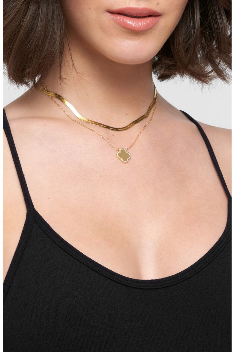 Set of 2 Halo Cubic Zirconia Clover Pendant & Herringbone Necklaces, Alternate, color, GOLD