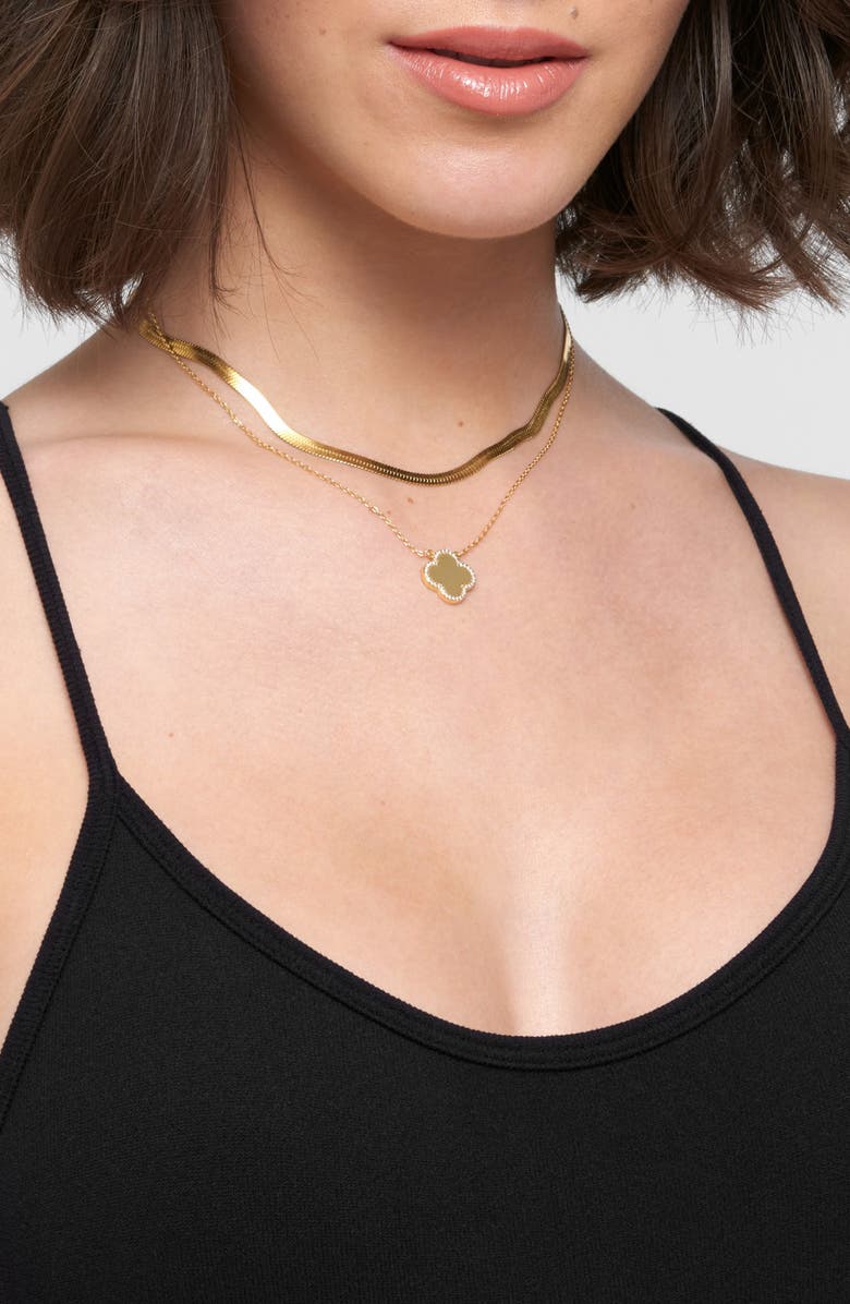 Adornia Set of 2 Halo Cubic Zirconia Clover Pendant & Herringbone Necklaces, Alternate, color, Gold