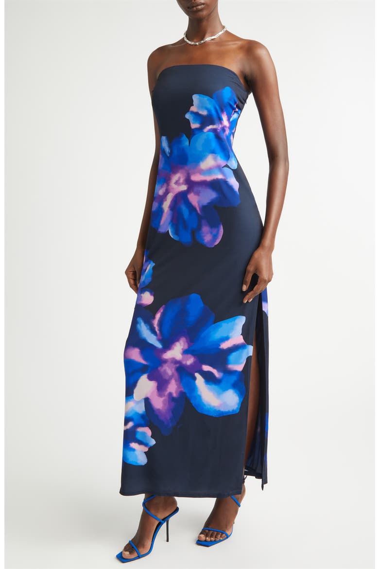 Nora Floral Strapless Maxi Dress, Alternate, color, NAVY FLORAL JERSEY