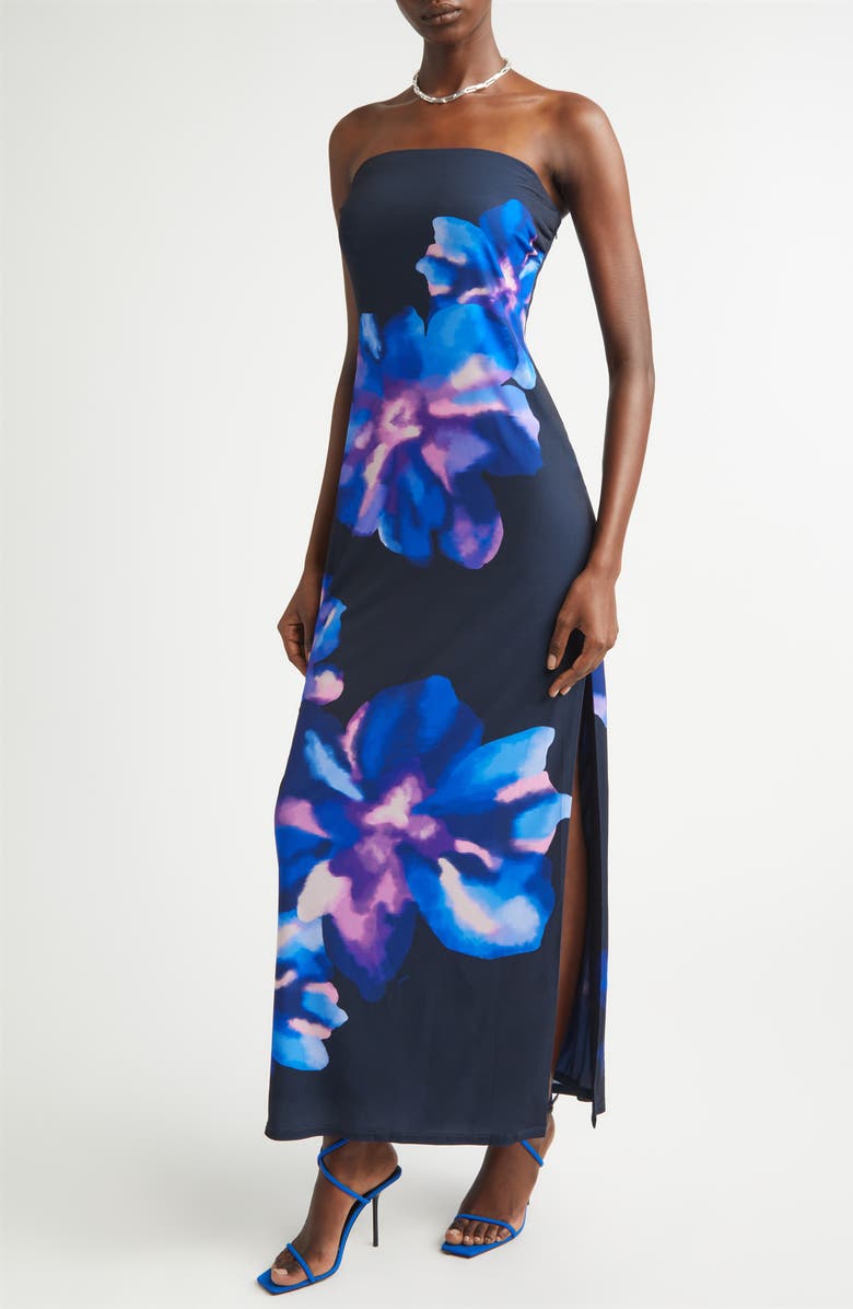 Ramy Brook Nora Floral Strapless Maxi Dress, Alternate, color, Navy Floral Jersey