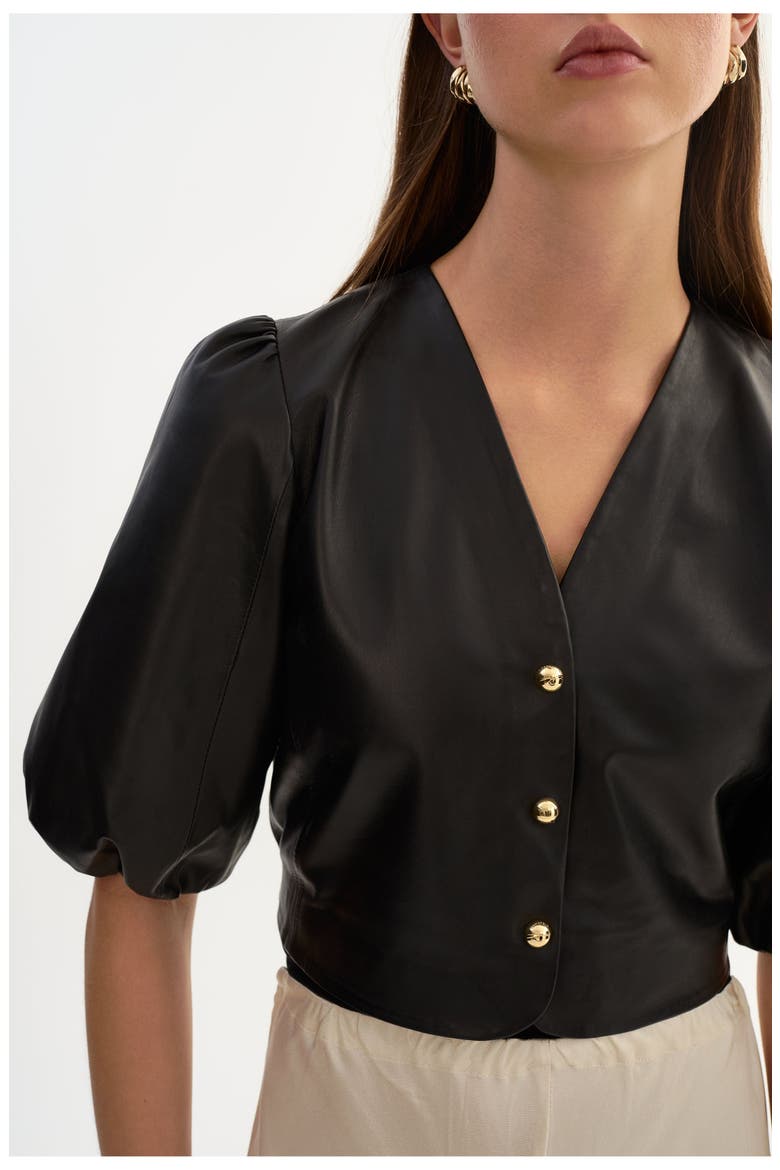 Franka | Balloon Sleeve Leather Blouse, Alternate, color, Black