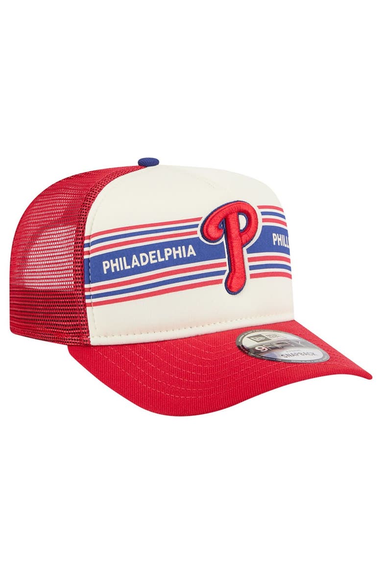 Men's New Era Cream/Red Philadelphia Phillies Banner A-Frame 9FIFTY Trucker Snapback Hat, Alternate, color, Cream