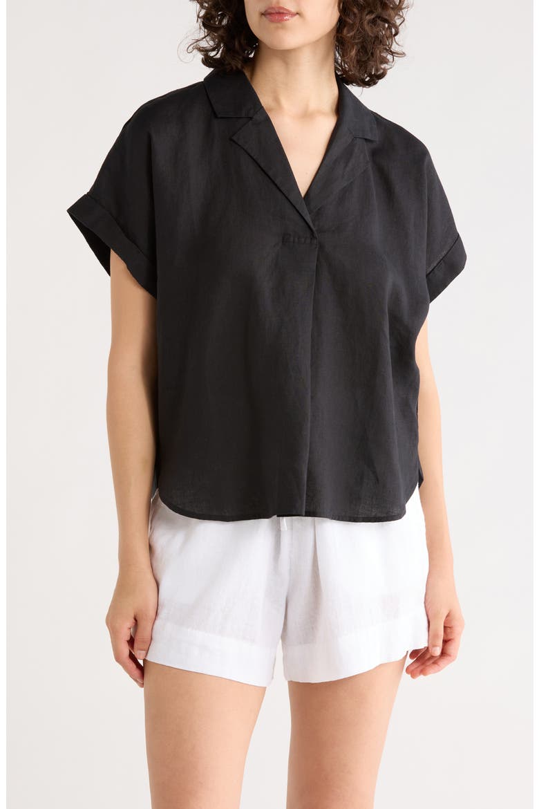 Notch Collar Short Sleeve Organic Linen Top, Main, color, BLACK