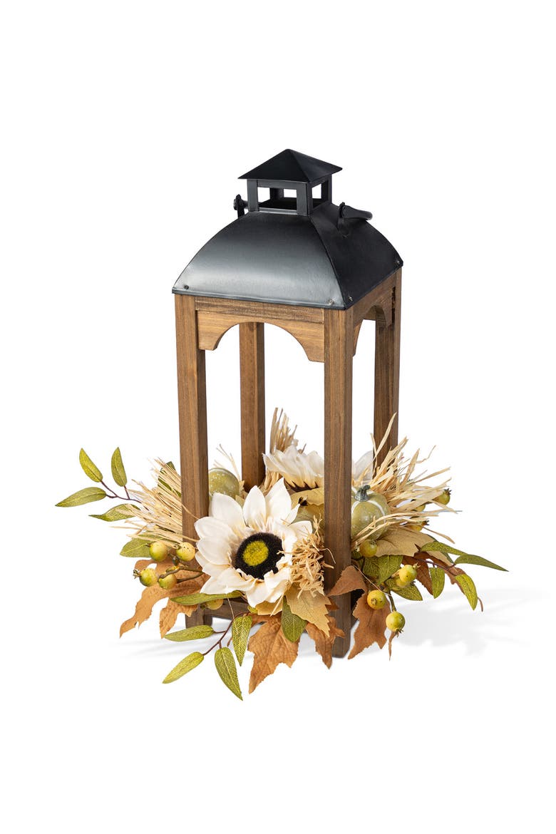 Fall Neutral Sunflower Pumpkin and Leaf Wood Lantern Centerpiece, Main, color, White