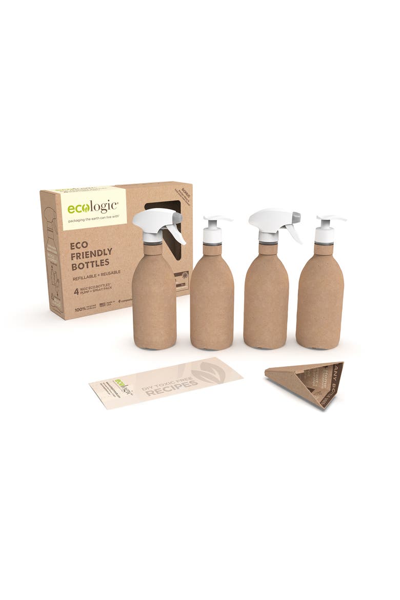 Kit of Four Refillable, Recyclable, Renewable, Containers ,Two Sprayers and Two Pumps, Main, color, Brown