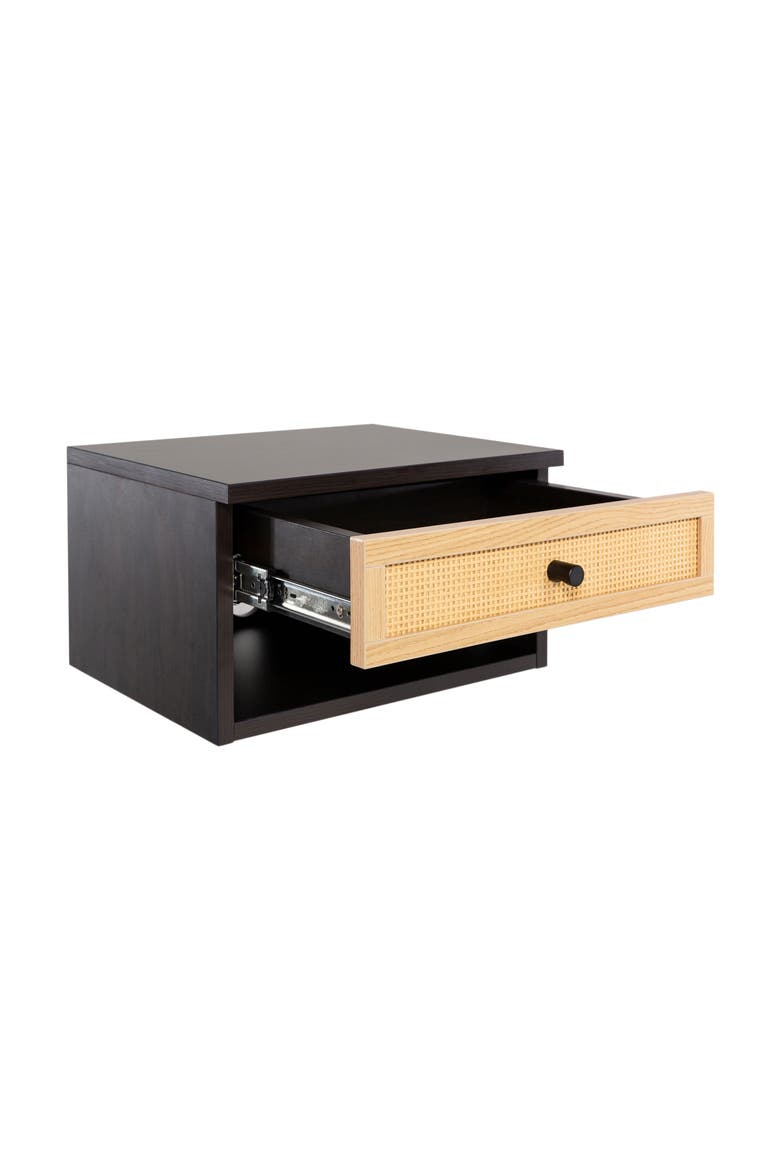 Celerie Bohemian Wall Mounted Floating Nightstand, Bedside Table with Woven Storage Drawer Open Cubby, Main, color, Black/Light Oak