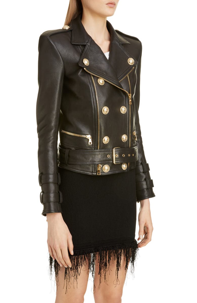 Balmain Lambskin Leather Moto Jacket, Alternate, color, 