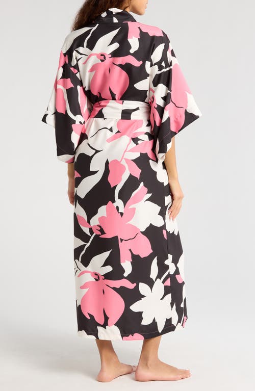 Natori Niwashi Floral-print Charmeuse Robe In Pink/black