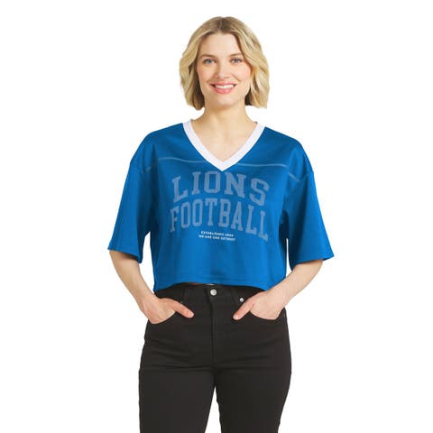 Women's WEAR by Erin Andrews Blue Detroit Lions Cropped V-Neck Jersey T-Shirt