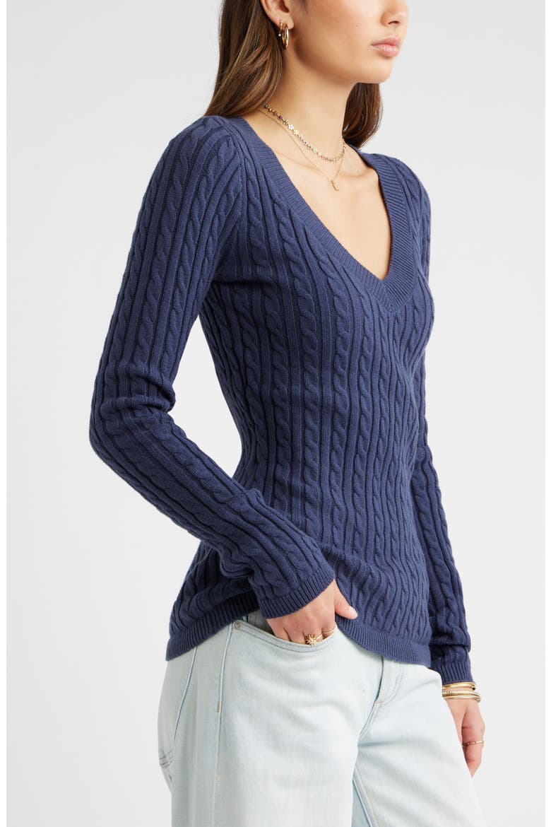 Cable Stitch V-Neck Sweater, Alternate, color, NAVY INDIGO