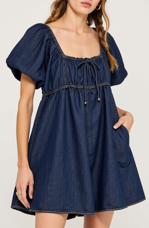 Drawstring High Waist Puff Sleeve Denim Mini Dress
