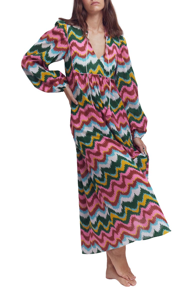 Boho Print Tie Neck Cotton Kaftan Midi Dress, Main, color, MULTI, ZIG ZAG WAVE