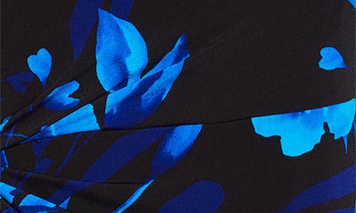 Connected Apparel Floral Side Ruched Faux Wrap Dress In Blue