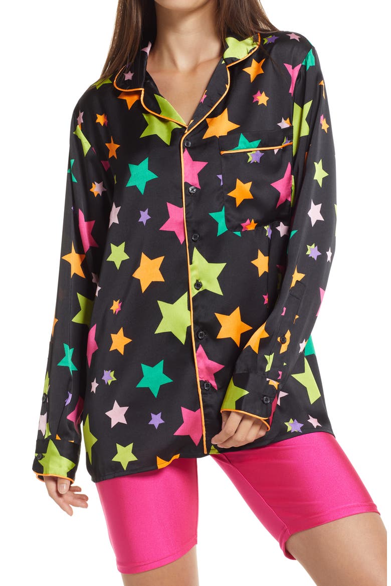 Pride Gender Inclusive Print Satin Shirt, Main, color, BLACK MULTI SHOOTING STARS