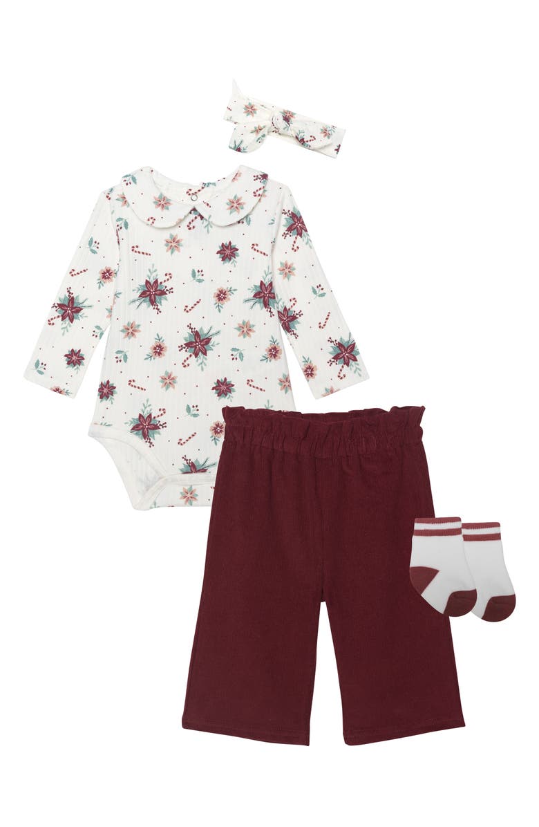 PL Baby by Petit Lem Poinsetta Bodysuit, Pants, Socks & Headband Set, Main, color, Poinsetta