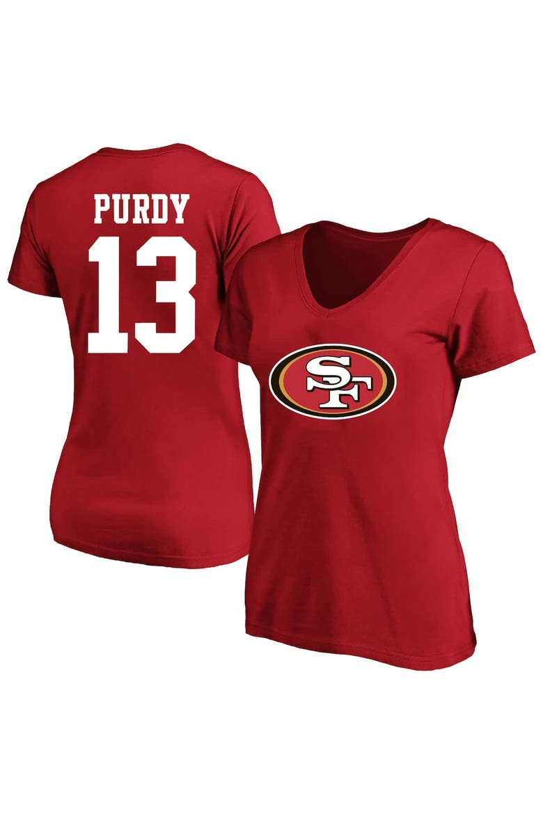 Women's Brock Purdy Scarlet San Francisco 49ers Plus Size Fair Catch Name & Number Scoop Neck T-Shirt, Alternate, color, Scarlet