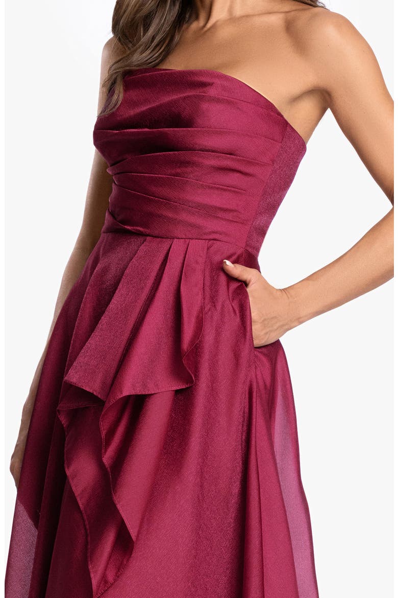 Strapless Ruffle Detail Metallic Organza Gown, Alternate, color, WINE