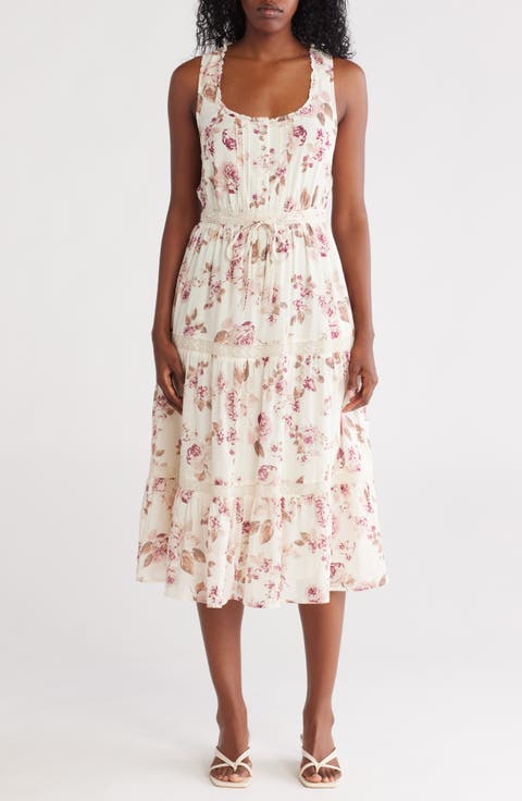 Floral Lace Trim Sleeveless Tiered Midi Dress