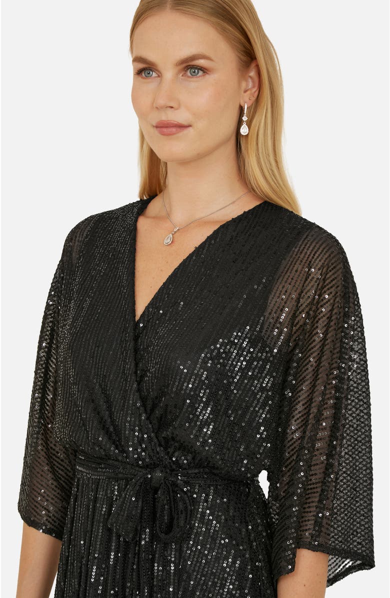 Yumi Sequin Kimono Midi Wrap Dress, Alternate, color, Black