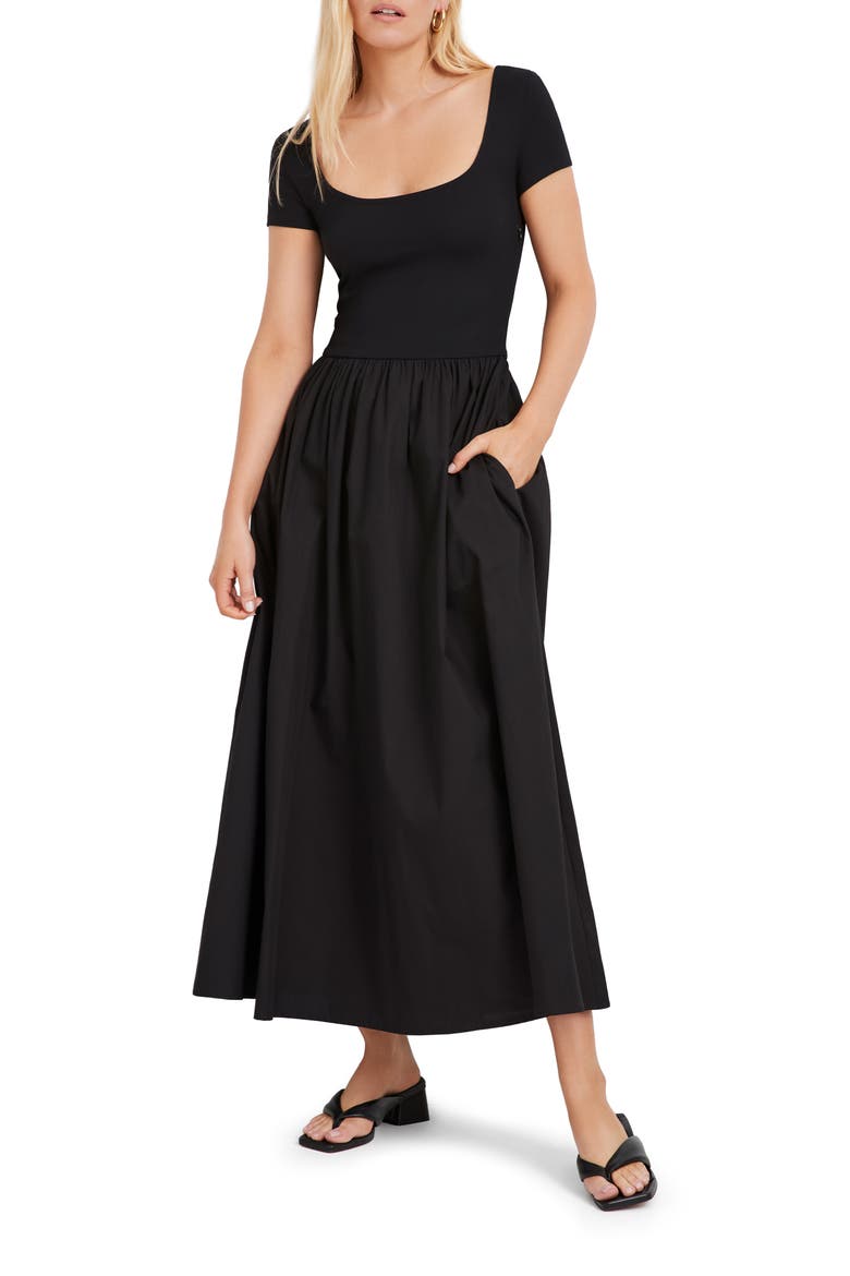 Sierra Mixed Media Midi Dress, Main, color, BLACK