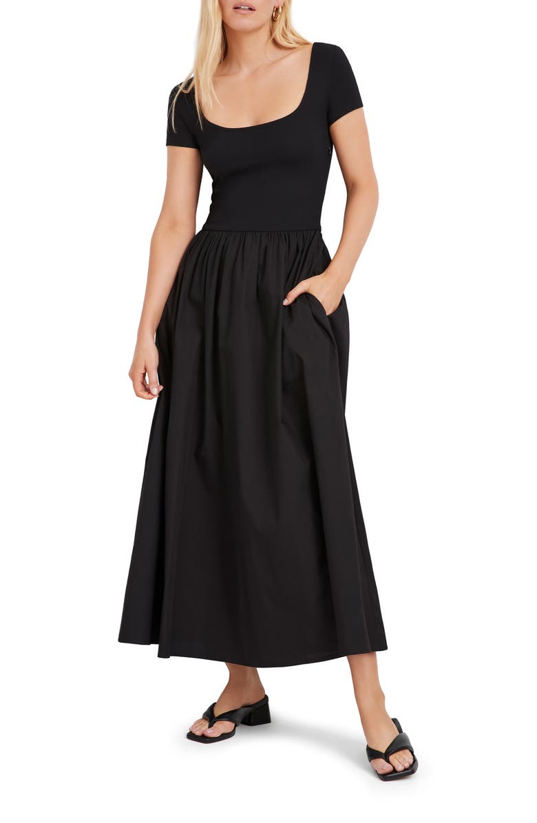 Marcella Sierra Mixed Media Midi Dress, Main, color, Black