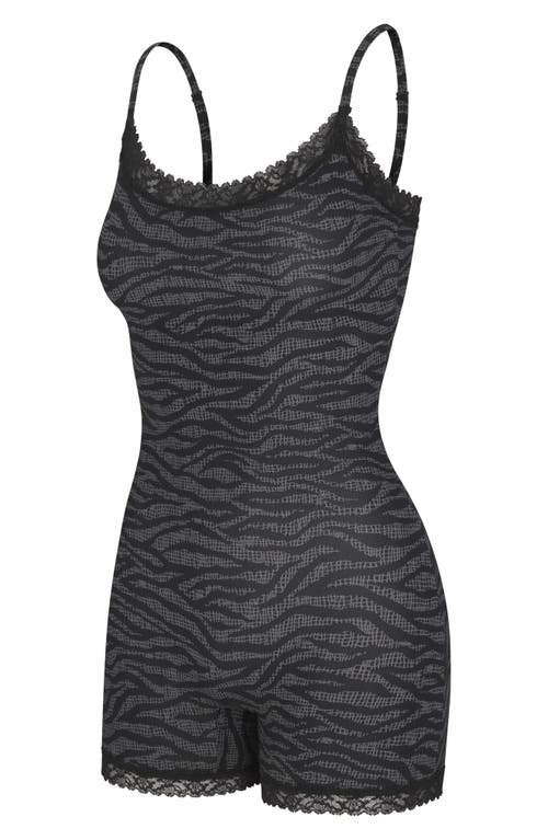 Savage X Fenty Snug Hug Sleep Romper In Black Caviar Tiger Stripe Text