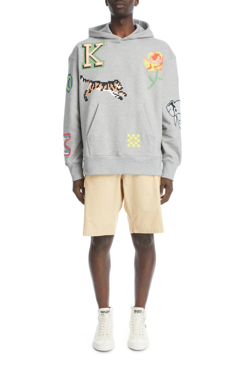 Oversize Embroidered Pixel Stretch Cotton Hoodie, Alternate, color, PEARL GREY