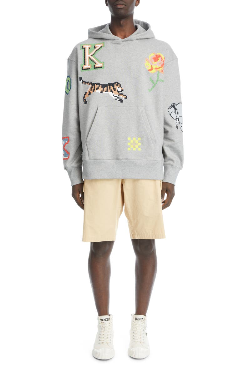 KENZO Oversize Embroidered Pixel Stretch Cotton Hoodie, Alternate, color, 