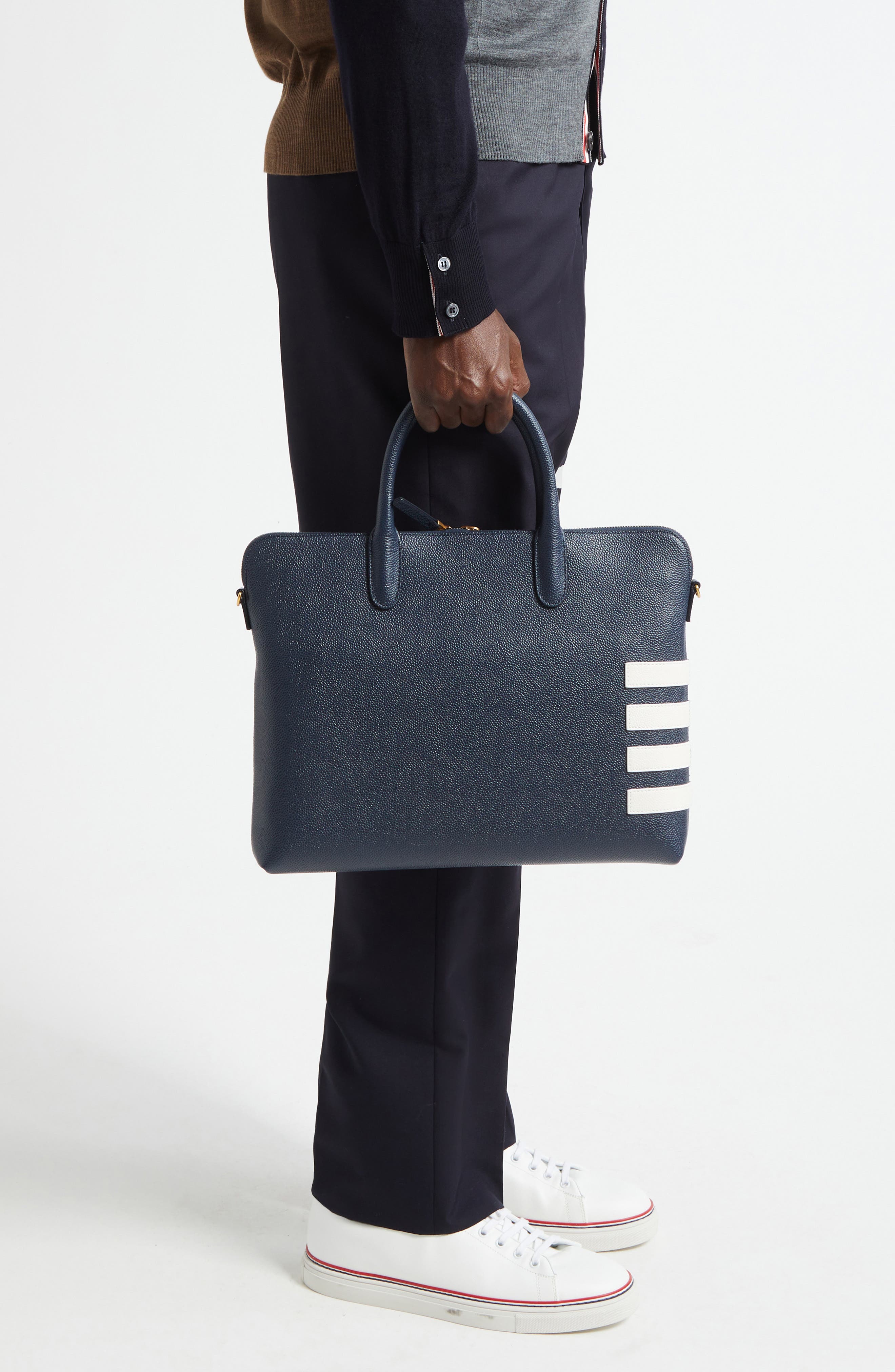 Thom Browne Slim 4-Bar Leather Briefcase, Alternate, color, Navy